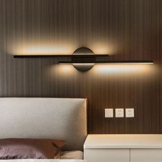 a modern bedroom with two lights on the wall