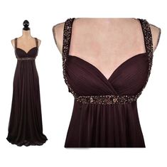 This dark brown formal gown makes a beautiful silhouette! The dress has a wispy chiffon overlayer and ruched bust that is embellished with a band of beads and sequins on the straps and at the high empire waist. The dress has a side zipper and is fully lined. The dress is in near new condition. Dry clean only. Marked size 4 ~ MEASUREMENTS compare to SIZE - XS Size 2/4 Armpit to armpit ~ 14-1/2 inches * Bust up to 32-1/2 inches Waist ~ 26-1/2 inches Hips ~ 37 inches Length from top of shoulder dow Brown Formal Dress, Brown Wedding Dress, Brown Dresses Formal, Grammy Dresses, Belle Silhouette, Maxi Dress Long, Vintage Clothes Women, Floor Length Gown, Long A