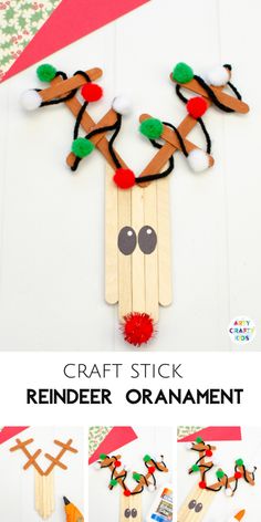 the craft stick reindeer ornament is made from popsicle sticks