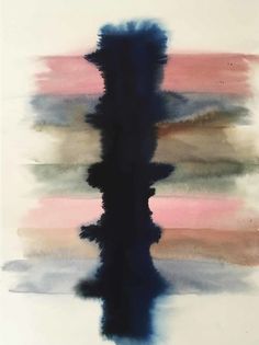 an abstract painting with black and pink stripes on it's side, in the middle of