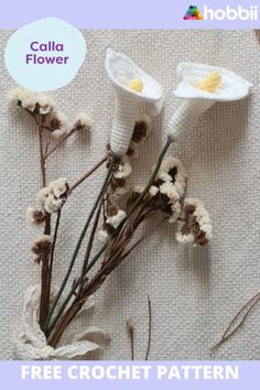 two crocheted flowers are sitting next to each other on a table with the text free crochet pattern