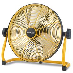 a yellow fan sitting on top of a metal stand