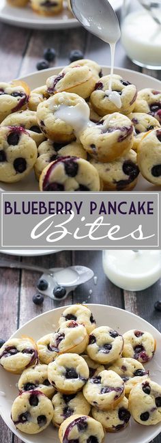 blueberry pancake bites on a plate with milk being drizzled over them