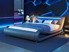 a modern bedroom with blue and purple lighting on the wall behind the bed is an illuminated headboard