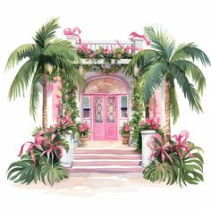 a pink door surrounded by palm trees and potted plants with bows on the front