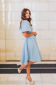 Brynn Crystal Blue Texture Dress - DM Exclusive - Maternity Friendly Whimsical Blue Dress, Easter Dress For Women Church Classy, Modest Formal Dresses With Sleeves, Puff Sleeve Dress Classy, Graduation Guest Dress, Mormon Prom Dresses, Modest Hoco Dresses, Light Blue Maternity Dress, Graduation Dresses High School