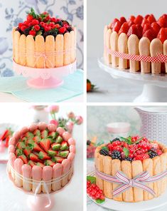 four different cakes decorated with strawberries, raspberries and strawberrys