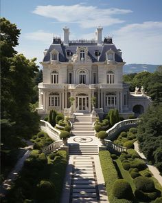 a large white house surrounded by lush green trees and bushes with stairs leading up to the front door