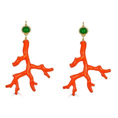 Kenneth Jay Lane Coral Branch Earrings in Resin with Green Cabochon topper Lingerie Stores, Coral Branch Jewelry, Resort Looks, Coral Tattoo, Coral Earrings Dangle, Coral Earring, Coral Dangle Earrings, Resort Look, Red Coral Earrings