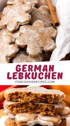 german lebkrachen cookies are stacked on top of each other with cinnamon sticks in the background