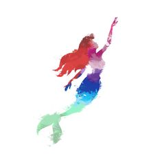 a watercolor painting of a mermaid with her arms up in the air and legs spread out