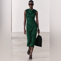 Worn Once And Like New Condition Size Xs I Also Have Size S Dress New With Tags Available. Zara Fitted Draped Midi Dress, Zara Sheath Dress For Work, Deep Green Dress, Zara Green Dress, Detailed Black Dress, Zara Maxi Dress, Olive Dress, Bias Cut Dress, Zara Woman Dress