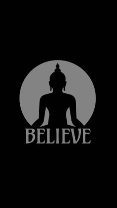 a buddha statue with the word believe in front of it