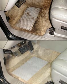 two pictures of the inside of a car with dirty carpet and floor mats on it