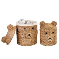 two wicker baskets with teddy bears in them