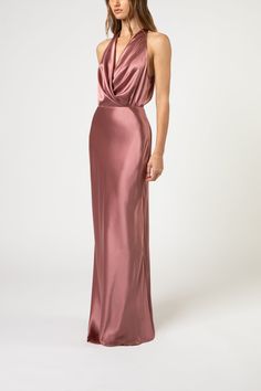 Plunge neckline halter gown in pure silk charmeuse. Features a full length bias cut skirt... Satin Bridesmaids Gowns, Draped Gown, Satin Gowns, Bridesmaid Colors, Drape Gowns, Michelle Mason, Long Cocktail Dress, Bias Cut Skirt, Halter Gown