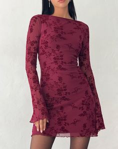 Elegant Long Sleeve Floral Bodycon Dress, Party Dresses With Floral Print And Bell Sleeves, Elegant Stretch Mini Dress With Floral Print, Fitted Floral Print Bell Sleeve Dresses, Fitted Floral Print Dress With Bell Sleeves, Thrift Inspiration, Hoco Inspo, Motel Rocks, Long Sleeve Mini