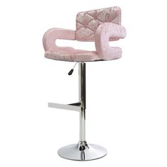 a pink and chrome bar stool with an upholstered seat on a white background