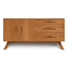 the sideboard is made from wood and has three drawers, two doors and one drawer