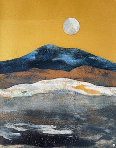 a painting with mountains and a full moon in the background