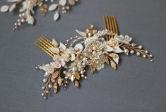 Wedding hair comb created of Swarovski crystals and pearls, Handmade flower ivory and gold hair piece, Bridal hair decoration made for bride Wedding hair comb created of Japanese Toho pearls,  Swarovski crystals and pearls, handmade flowers, wrapped with silver color wire. Bridal hair comb finished on silver color hair comb. Flower hair comb is flexible and sturdy. It will be easy to style in your hairstyle and will be a beautiful accessory for a modern bride or bridesmaid. Measures about:  2,36 Silver Color Hair, Bridal Hair Decorations, Gold Hair Piece, Bride Wedding Hair, Wedding Hair Comb, Flower Hair Comb, Hair Comb Wedding, Hair Decorations, One Hair