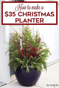 a christmas planter with red berries and greenery in it on the front porch