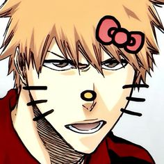 an anime character with cat ears and nose piercings on his head, staring at the camera