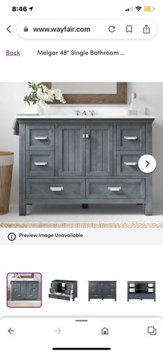 a bathroom vanity with two sinks and mirrors on the wall above it is an advertise