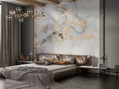 a bedroom with marble walls and flooring is pictured in this image, there are chandeliers hanging from the ceiling