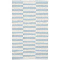 a blue and white rug with horizontal stripes