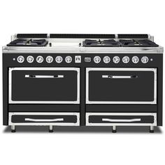 a black and silver stove top oven with two burners on the front, and three doors