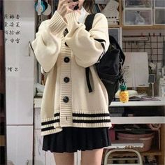 Front view of the beige Buttoned Varsity Sweater Cardigan Streetwear, Y2k Female, Knitted Coats, White Long Sleeve Cardigan, White Sweater Cardigan, Varsity Sweater, Beige Pullover, Loose Cardigan, Spring Sweater