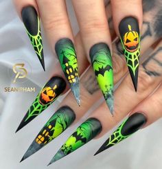 Nail Halloween, Uñas Ideas, Long Almond Nails, Holloween Nails, Nails Arts, Halloween Press On Nails, Halloween Acrylic Nails