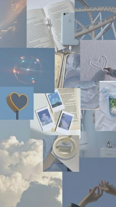 a collage of photos with clouds and sky in the background, including a heart shaped object