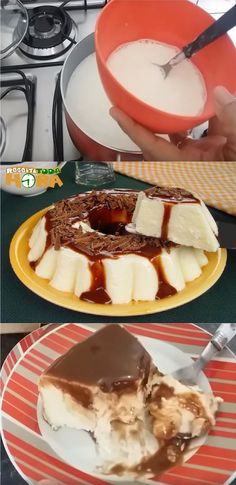 there are two pictures with different desserts on the same plate and one has ice cream