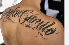 the back of a man's upper half - sleeved tattoo that reads, happy birthday