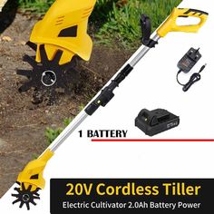 an electric cordless tilling machine with battery attached to it and instructions on how to use it