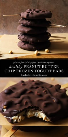 chocolate peanut butter chip frozen yogurt bars stacked on top of each other