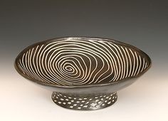 a black and white bowl sitting on top of a table