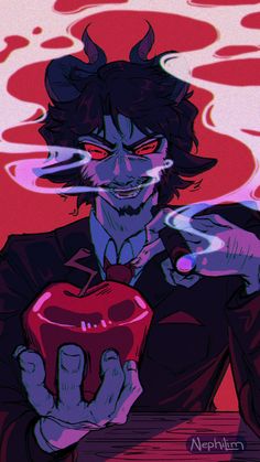 a drawing of a demon holding an apple