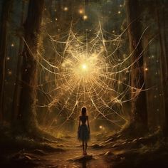 a woman standing in the middle of a forest with spider webs all over her body