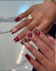 Blooming flower nails  Square nails  summer nail sets Flower Nails Square, Summer Nail Sets, Square Nails Summer, Burgendy Nails, Cute Red Nails, Red Summer Nails, Red Acrylic Nails, Airbrush Nails, Colored Acrylic Nails