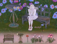 a painting of a fairy sitting on a bench in the middle of flowers and plants