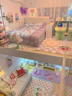 a dollhouse bedroom with pink and white decor on the walls, flooring and furniture