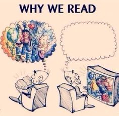 an image of a cartoon book with the words why we read on it and two people sitting