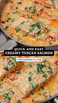 two pans filled with creamy tuscann salmon and spinach