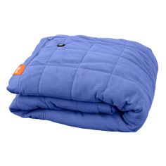 the blue blanket is folded up on top of it's back and has an orange patch