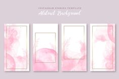 three pink watercolor banners with gold foil accents on the bottom, and an abstract background