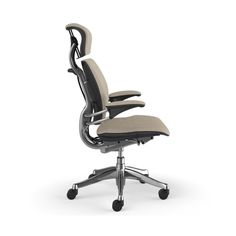 an office chair with wheels on the back and seat upholstered in grey fabric