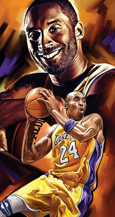 a painting of two basketball players with one holding the ball